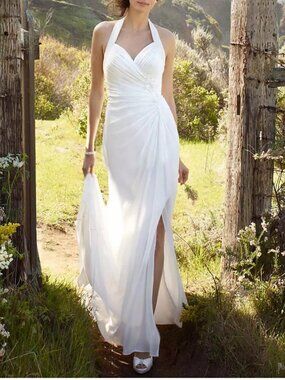 Size 14 white chiffon bridal gown w/tie neck, ruched bodice, 3D floral w/ slit